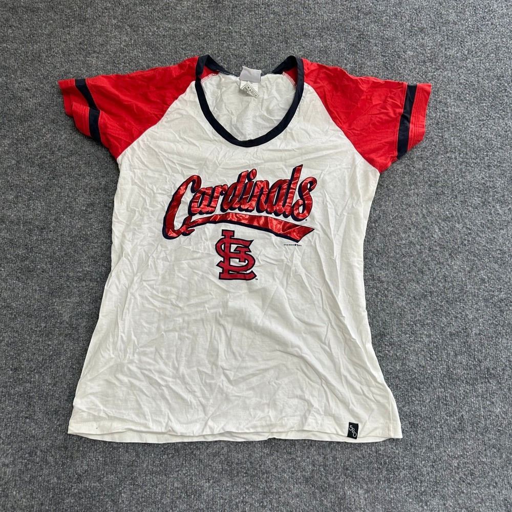5th & Ocean T-Shirt Womens XL White Red St. Louis Cardinals Raglan Baseball Tee